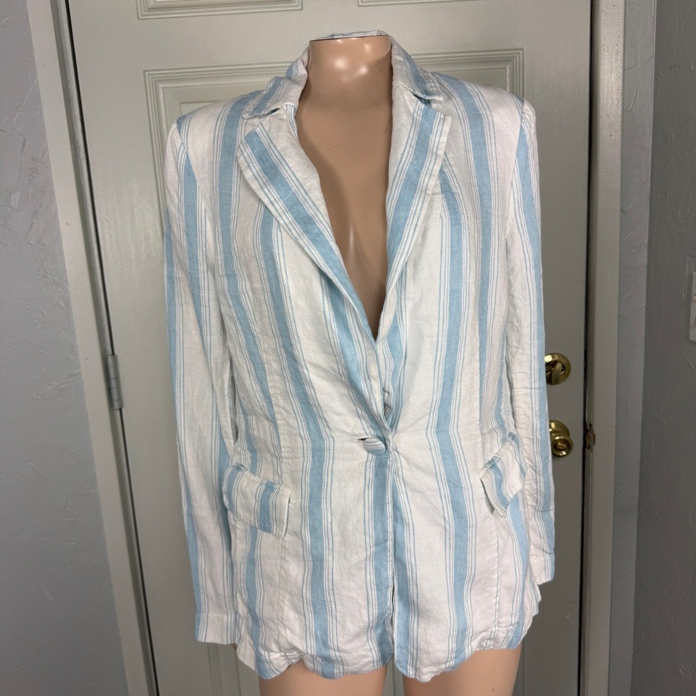 Frame Women's Jacket 8 Blazer Linen Stripe Button Designer Off White multi H4-23